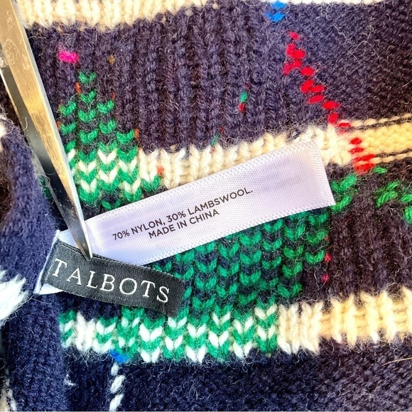 Talbots Scarf Wool Christmas Navy White Stripe with Christmas Tree (OS) - Picture 4 of 6